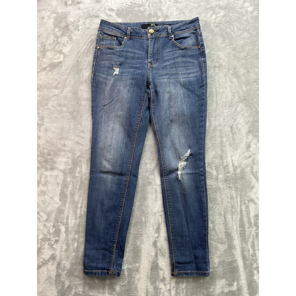 1822 Women Sz 6 Blue Jean Skinny Adrianna Stretch Mid Rise Whiskered Faded Denim